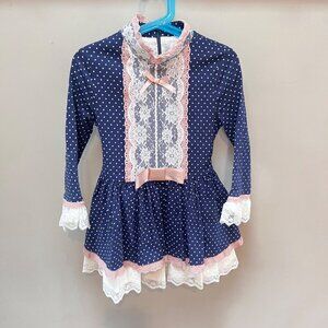 Pettigirl Girls Vintage Blue Ruffle Lace Long Sleeve Polka Dot Dress‎ - Sz. 5